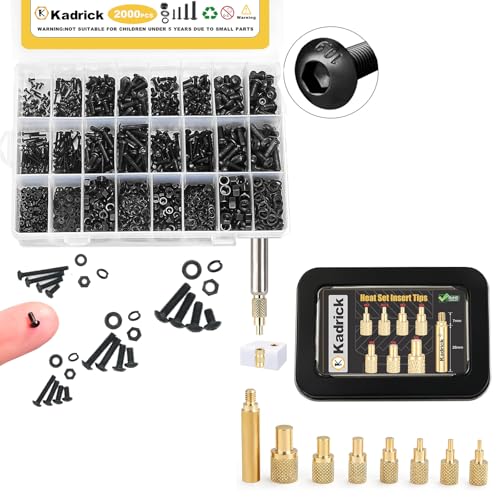 Image of M2-M8 Heat Set Insert Tips and 2000 Pcs M2 M5 M4 M5 Hex Socket Button Head Screw Assortment Black Zinc Galvanized