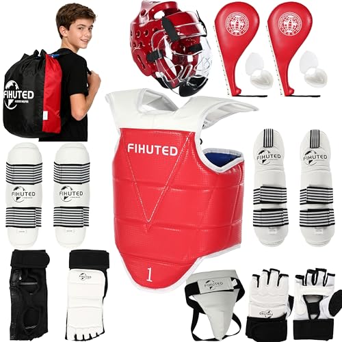 Taekwondo Sparring Gear Set for Kids Youth Adults Karate Martial Arts Protective Equipment with Helmet Chest Guard Gloves Shin Instep Pads & Carry Bag (#1)