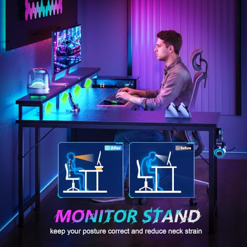 Image of Korfile 57'' L Shaped Gaming Desk with Storage Drawers, Power Outlets, LED