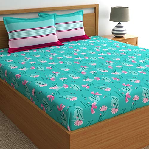 Image of Dreamscape 100% Cotton King Fitted Floral Bedsheet With 2 Pillow Covers - (Size 72 x 78 inches, 140 TC, Colour - Sea Green)