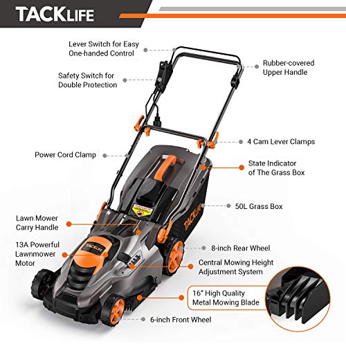 TACKLIFE Corded Electric Lawn Mower 13 Amp, 16 Inch Lawn Mower, 5 Cutting Heights, Vertical Storage, Tool-Free Assembly, Quick Folding