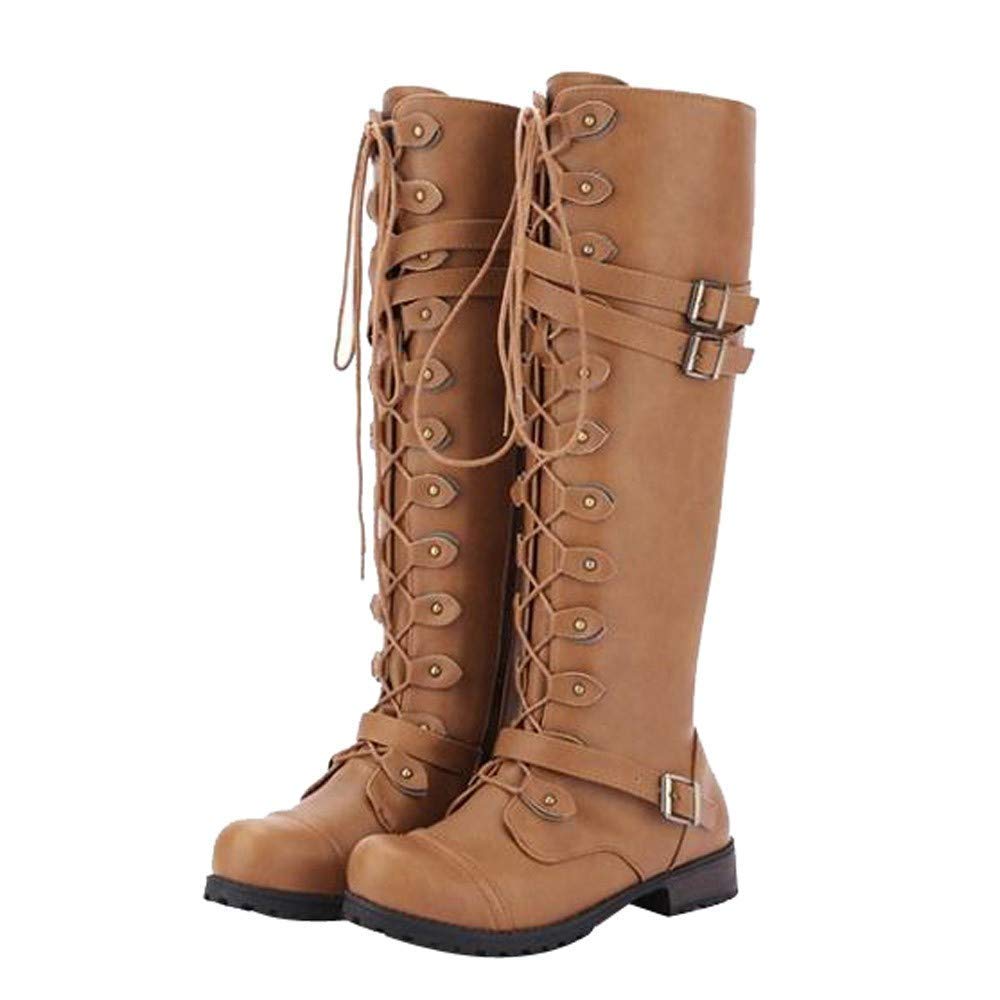Womens Knee High Platform Boots Leather Metal Riding Fashion Gothic Shoes Punk Buckle Lace Up Chunky Heel Military