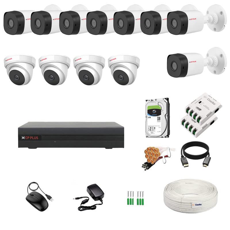 Image of CP Plus 16 Channel DVR with 5MP 4 Dome & 8 Bullet Cameras (Day /Night Vision) + 2TB HDD + Copper Cable Roll (1+3) + 8 CH Power Supply 2 Nos + BNC & DC Full Combo Kit