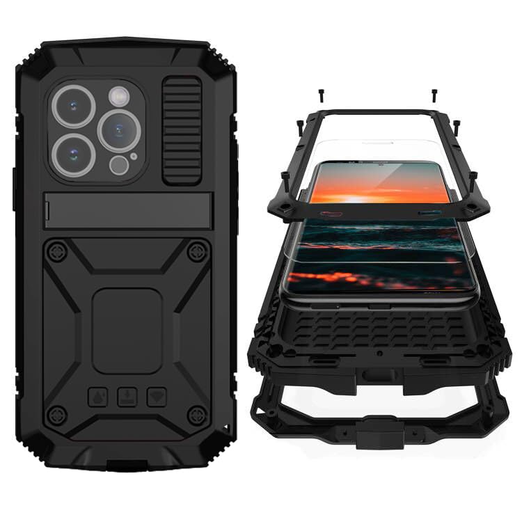 Compatible with iPhone 16 Pro Max Metal Case with Screen Protector Camera Protector Military Rugged Heavy Duty Shockproof Case with Metal Kickstand Full Body Tough Dustproof Case (Black)