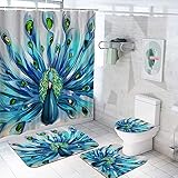 DuoBaorom 4 Pieces Set Peacock Shower Curtain Set Beautiful Animal Peacock Feather Picture Print on Non-Slip Rugs Toilet Lid Cover Bath Mat and Bathroom Curtain with 12 Hooks 72x72inch