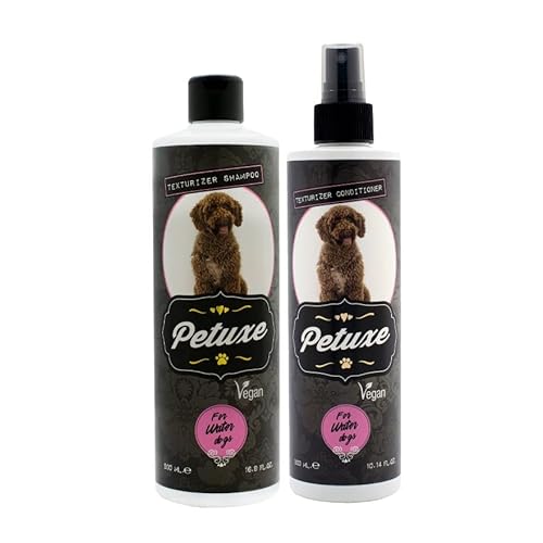 Petuxe Cosmetics Pack para Perros de Agua Champú 500 ml y Acondicionador 300 ml. Texturizador de Limpieza Profunda, Rizos Máxima Hidratación con Pepita de UVA, Vitamina E y B5. Vegano.