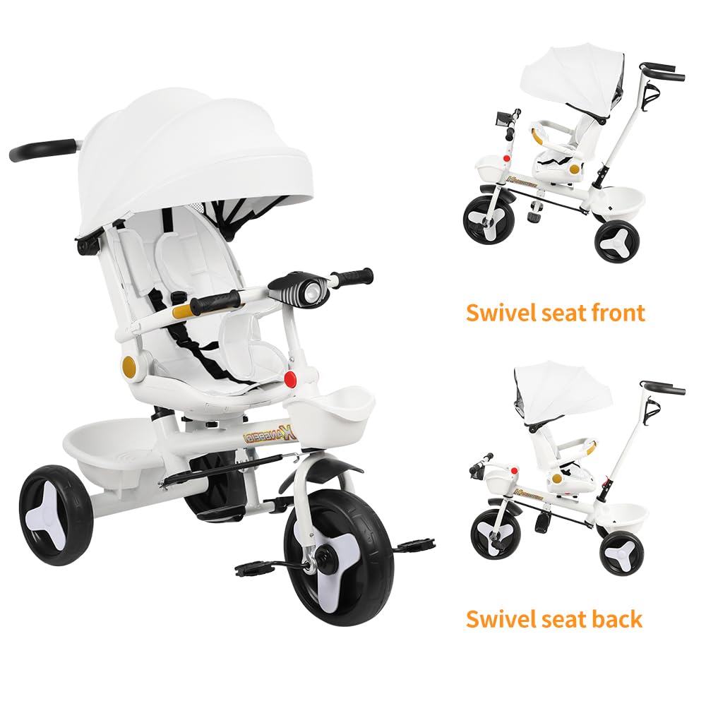 Triciclo Evolutivo per Bambini, Triciclo 5 in 1 - Luci e musica, Seggiolino avvolgente, Seggiolino e inclinazione, Passeggino a 4 ruote, Protezioni rimovibili, Portabicchiere, Bianco