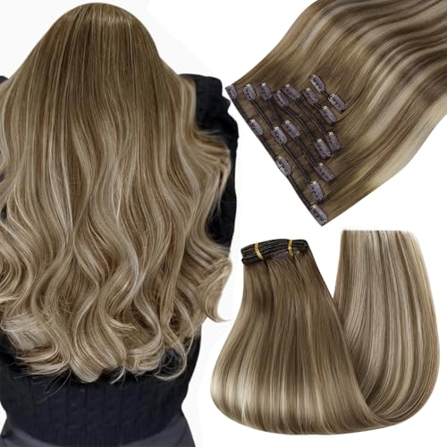 Easyouth Clip in Hair Extensions Real Human Hair Balayage, 22 Inch 7pcs 120G, Invisible Clip-in Hair Extension, Medium Brown Ombre Blonde with Brown, Remy Human Hair Clip in Extension, Easy to Apply