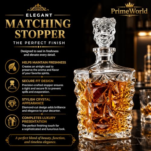 Image of PrimeWorld European Diamond Crystal Clear Glass Decanter 1 Pcs - Perfect For Whiskey, Scotch, Wine, Vodka, Tequila, Rum Etc (850 milliliter)