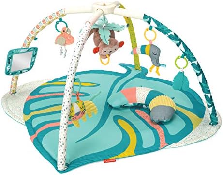 Infantino 4-in-1 Deluxe Twist & Fold Activity Gym & Play Mat, Tropical - Includes linkable Toys, Musical Monkey, Mirror and Bolster Pillow, for Newborns, Babies and Toddlers