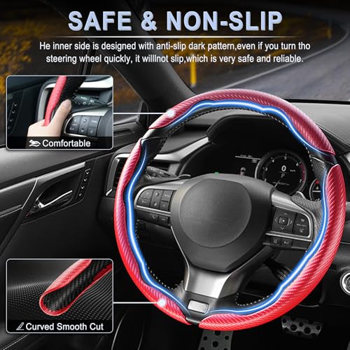 Image of Amiss 3pcs Carbon Fiber Anti-Skid Steering Wheel Cover, Waterproof & Segmented Butterfly Design, Universal 99% Vehicle Wheel Cover Protector, Car Interior Accessories (Red-3pcs)