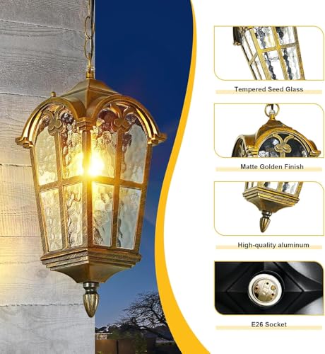 Gold Outdoor Pendant Light for Porch Patio Garden Yard, Anti-Rust Aluminium Exterior Hanging Light Fixtures, Outside Vintage Hanging Ceiling Outdoor Pendant Lamp Height Adjustable, 2pack