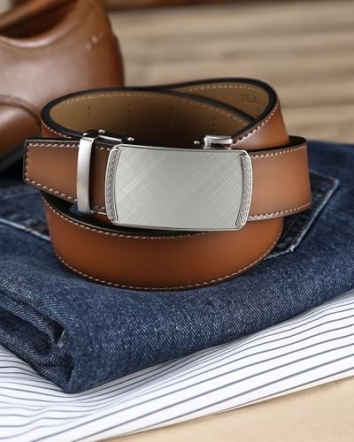 Image of Chaoren Leather Ratchet Belt 2 Pack Dress with Click Sliding Buckle 1 3 /8 inch in Gift Set Box - Adjustable Trim to Fit
