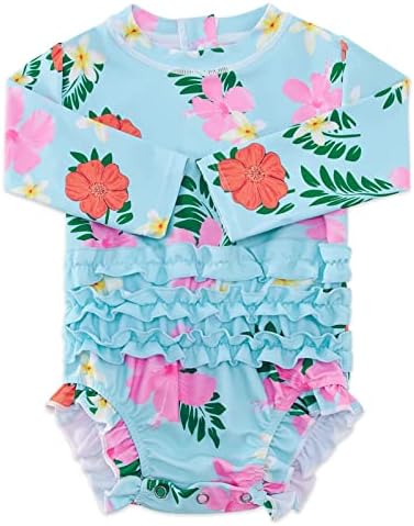 ADUKIDE Baby Girl Rash Guard Swimsuit 3-6 Months Flower Print One Piece Bathing Suits Blue Long Sleeve Ruffles Swimwear with Button Snaps Sunmer