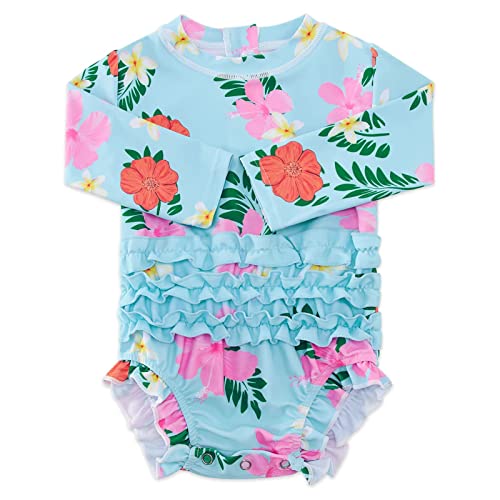 Image of ADUKIDE Baby Rash Guard Swimsuit Girl 3-6 Months One Piece Bathing Suits Long Sleeve Ruffles Swimwear with Button Snaps Summer