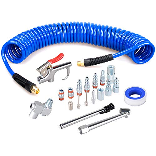 FYPower 1/4 inch x 25 ft Recoil Poly Air Hose Kit, 20 Pieces Air Compressor Accessories Set, 1/4\" NPT Quick Connect Air Fittings, Blow Gun, Chuck, Safety and Tapered Nozzles, Couplings