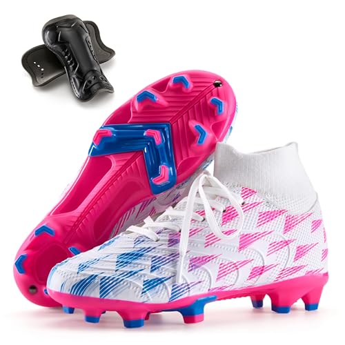 PATPAT Kids Soccer Cleats – Little Big Boys and Girls High Top Outdoor Firm Ground and Turf Football Training Shoes for Toddler Youth,White/Pink Sizes 2