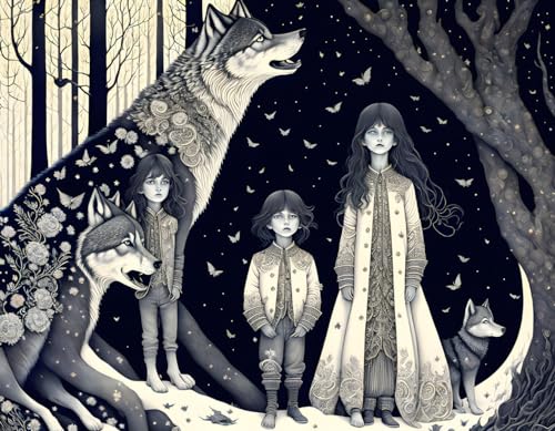 Toile loup et garçon rêve féerique décoration murale 50x70cm