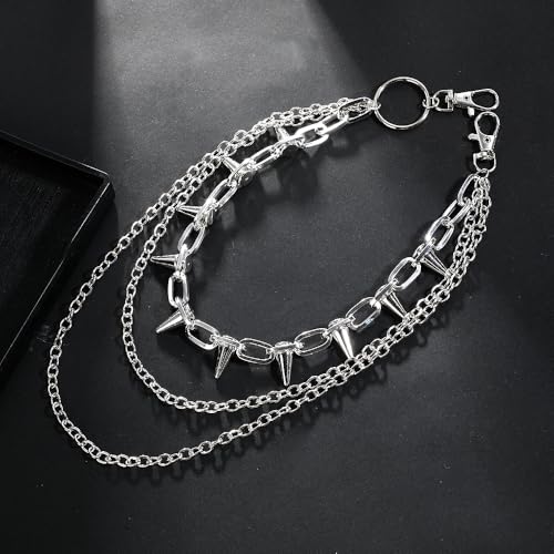 Triple Layer Punk Chain for Pants, Metal Spike Studded Wallet Chain with Clips, Gothic Style Hip Hop Chain for Men Women3