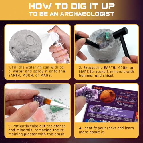 Image of PIBEX Gemstone Dig Kit, Dig up 15 Rocks & Minerals from Earth Moon Mars, Solar System Planets Geology Science Set, Space Rock Mining Toys for Kids, STEM Gift for Boys & Girls Age 6-8-12