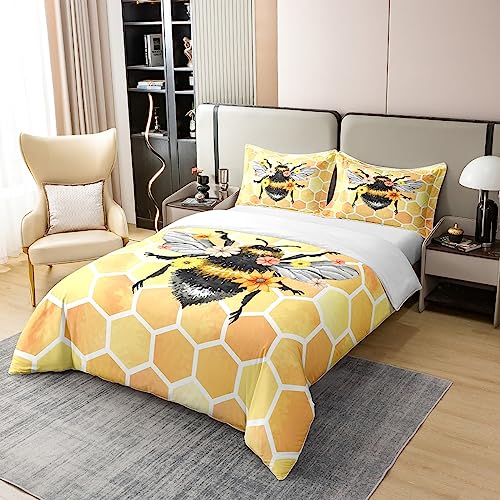 100% Cotton Bee Comforter Cover Single,Cute Bee with Flower Bedding Set 2Pcs for Kids Boys Girls,Geometric Honeycomb Hexagon Print Duvet Cover,Insect Animal Theme Bedding Collection Luxury - Image 2