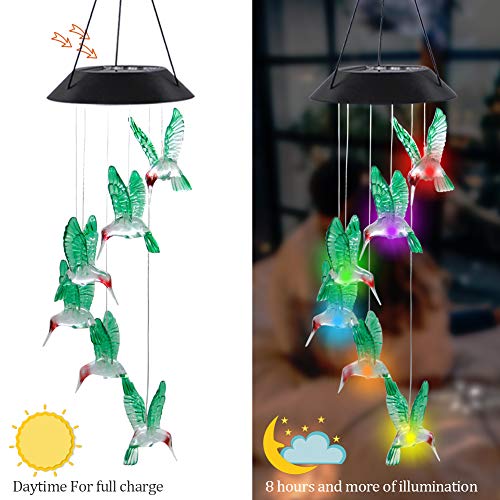 MorTime 2 PACK Solar Hummingbird Wind Chime, Color Changing Mobile LED Solar Wind Chime Outdoor Mobile Hanging Patio Light, Porch, Deck, Garden Decor