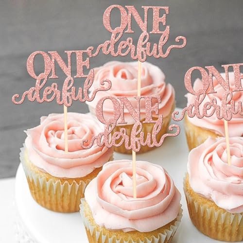 24 PCS Onederful Cupake Toppers Glitter First Birthday Miss Onederful Cupcake Picks Gender Reveal Cupcake Decorations for Baby Shower Kids 1st Birthday Party Cake Decorations Supplies Rose Gold