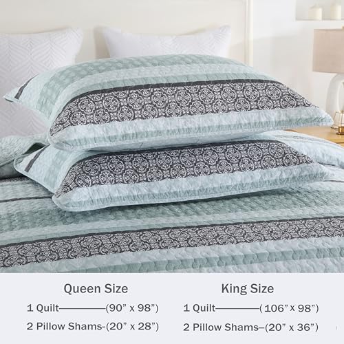 Image of Homzard King Size Quilt,Cotton King Size Comforter Set,Mint Green Grey Bedding Set,Striped Bedspread,Lightweight Summer Comforter Sets 3 Piece