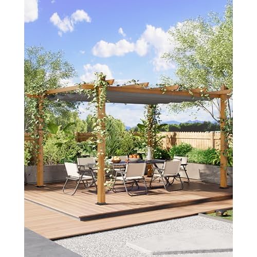 Garvee 10x13 ft Outdoor Pergola with Retractable Canopy – Upgraded Aluminum Faux Wood Grain Metal Patio Pergola for Modern Backyard Deck, Porch, Gra