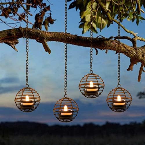 Illuminate Your Nights with These 5 Must-Have Solar Lanterns for Backyard 2 Solar Hanging Lanterns Outdoor Waterproof, Rust Iron Ball Candle Holder with Flickering Solar Powered Tea Lights, Perfect Chargeable Solar Lights for Backyard Patio Garden Fence Tree Decoration-4Pack