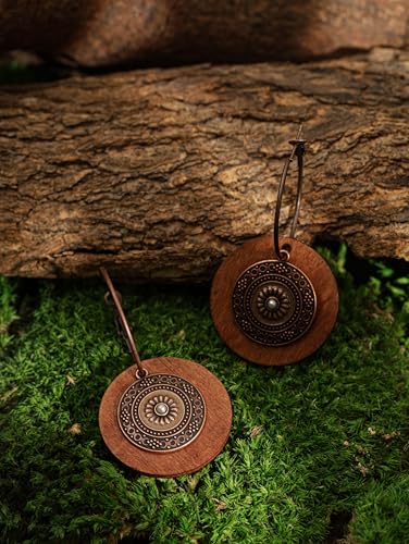 MINACHI Vintage Boho Multilayered Antique Metal Flower Charm Wooden Disc Dangle Drop Earrings, Bohemian Statement Jewelry Gift for Women2