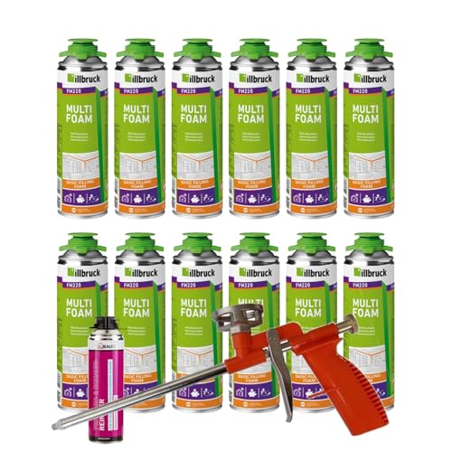 FM220 Bauschaum Montageschaum Pistolenschaum Multischaum Fensterschaum hohe Schalldämmung Wärmedämmung 500ml Kombisets (mit Reiniger AA290 + Schaumpistole Compact 12x 500ml)