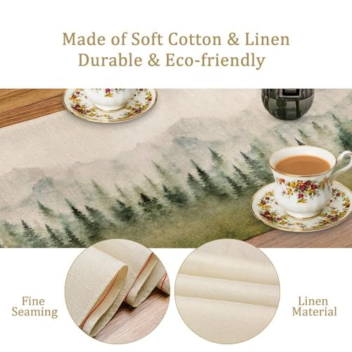 Image of Watercolor Forest Table Runner,Watercolor Woodland Forest Mountains Rustic Dining Table Ruuner Home Kitchen Party Living Room Table Decoration 13x72 inch
