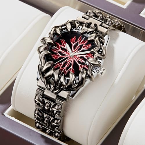 Image of CARLIEN Gothic Claw Watch for Men - Unique Stainless Steel Wristwatch, Luminous Hands, Waterproof Quartz Movement, Futuristic Melting Style, Cool Red & Green Color Options