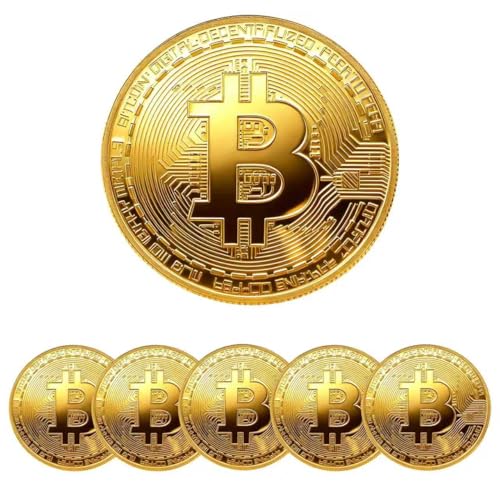6PCS Gold Plated Bitcoin Coins Physical BTC Cryptocurrency Collectible 40mm Commemorative Souvenir Coins with Clear Protective Case Gifts for Crypto Enthusiasts & Coin Collectors