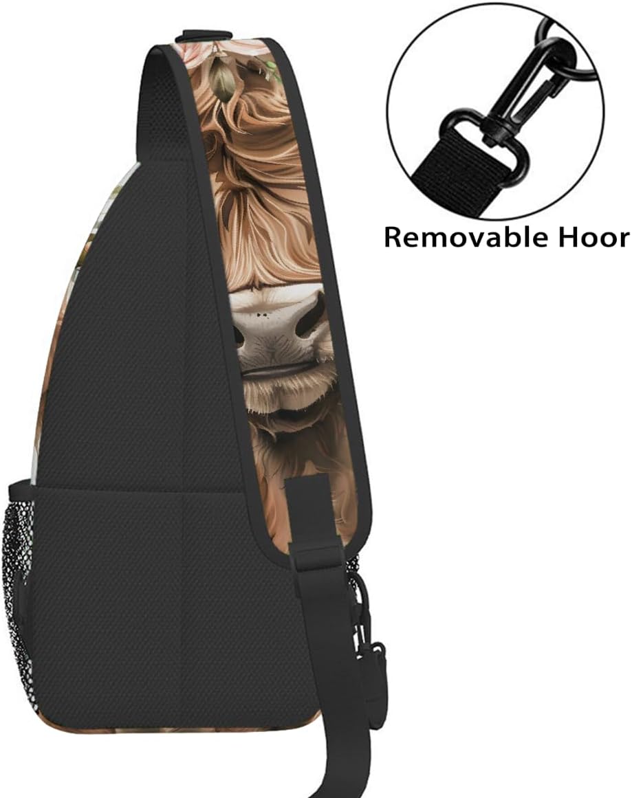 Small Highland Cow Animal Flower Sling Bag for Women Men Lightweight Chest Bag Crossbody Daypack Anti Theft Shoulder Backpack with Adjustable Shoulder Strap for Outdoors Sports Hiking Travel