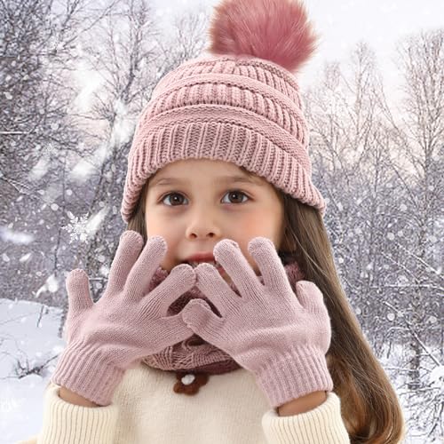 Image of Kids Winter Beanie Hat Scarf Gloves Set for 3-8 Years Old Boys Girls, Thick Warm Knitted Hat Gloves Fleece Lined Scarf Set