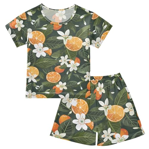 ALAZA Floral Orange Fruit Pajamas Short Sleeve 2 Piece Sleepwear Top and Bottom Pajama Set Unisex