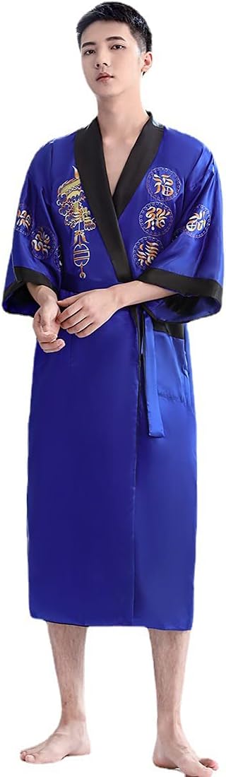 Robe for Men Dragon Embroidered Silk Satin Yukata Pajamas Kimono Bathrobe Sleepwear Night Gown