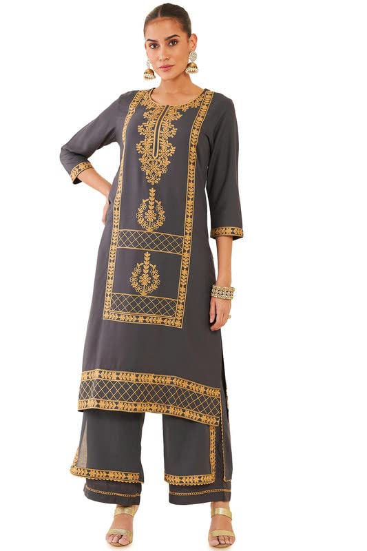 Soch Women Grey Rayon Straight Embroidered Kurta With Layered Pal...
