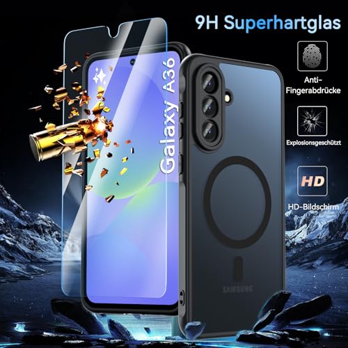 OWKEY für Samsung Galaxy A36 Hülle, Magnetisch Handyhülle für MagSafe mit Schutz Glas Dünn Militärschutz Schutzhülle Case für Samsung Galaxy A36 (Schwarz) 2
