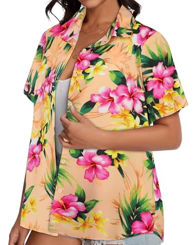 Image of Women Hawaiian Shirt Button Down Summer Tops Beach Short Sleeve Blouse