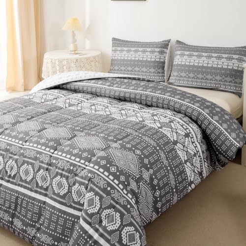 Feelyou Boho Comforter Set King Size Bohemian Aztec Comforter Folkloric Art Bedding Set Girls Women Teens Grey Comforter Set With 2 Pillow Cases Exotic Tribal Stripe Quilt Set For College Dorm Soft Duvet thumb #2