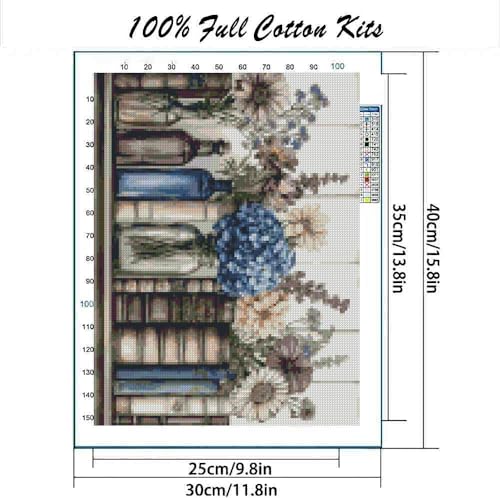 Image of Stamping Cross Stitch Kit Books Flowers, Counting Cross Stitch Kit for Adult Beginners, with Glass Bottles Full Line DIY Cross Stitch Stitching Kit for Home Decor Cross Stitch Patterns 15.7x11.8inches