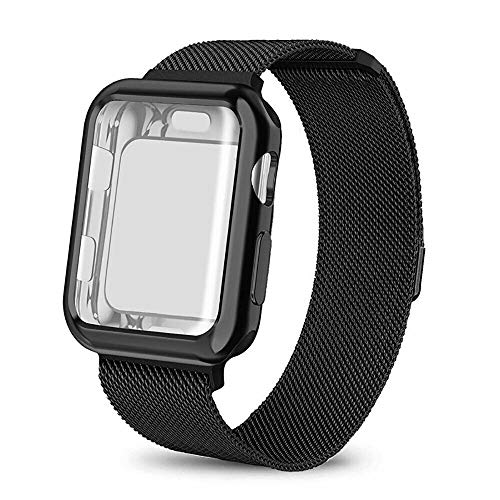 amhello Stainless Steel Magnetic Loop Band with Watch Face Case Compatible with Apple Watch 42 mm all models, Metal Strap Mesh Sport Wristband fit for Apple iWatch 42mm Series SE 5 6 4 3 2 1 Black