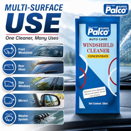 Image of PALCO Car Windshield Cleaner Liquid Concentrate 50ml (Pack of 10) Windshield Washer Fluid for Car for Streak Free Glass Finish with Car Wiper Liquid (Add 50ml in 2L Water in Windshield Tank)