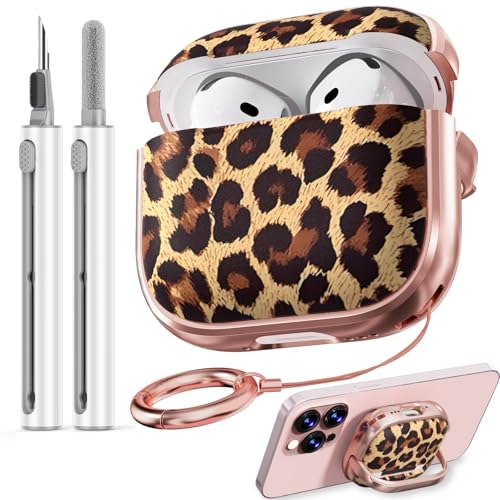 Image of Inesore for AirPods 4 Case Cover 2024 with Lock-Brown+Yellow Cheetah | Two-Piece Design,with Gold Keychain & Cleaning Pen,Support Wireless Charging,Cute Luxury Case for Women Girly
