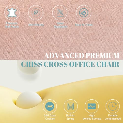Image of Flip Armrests Criss Cross Office Chair, Reclining Office Chair with Foot Rest, Adjustable Headrest, Massage Waist Pillow, Cross Legged Big and Tall Desk Chair Wide Seat Vanity Chair, Pink Fabric