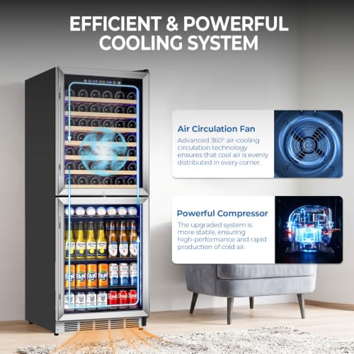 Image of 24 Inch Wide Wine and Beverage Cooler, 2 IN 1 Beverage Refrigerator with Glass Door, Dual Zone Wine Fridge Built-In /Freestanding, Beverage Wine Fridge for Home /Bar, 77 Bottle & 180 Can, Silver
