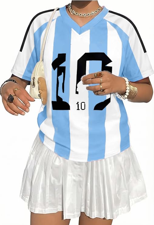 Soccer Cup 2026 Shirt Women Argentina Jersey Shirt Oversized Soccer Mom Tshirts Y2k V Neck Short Sleeve Top Blue